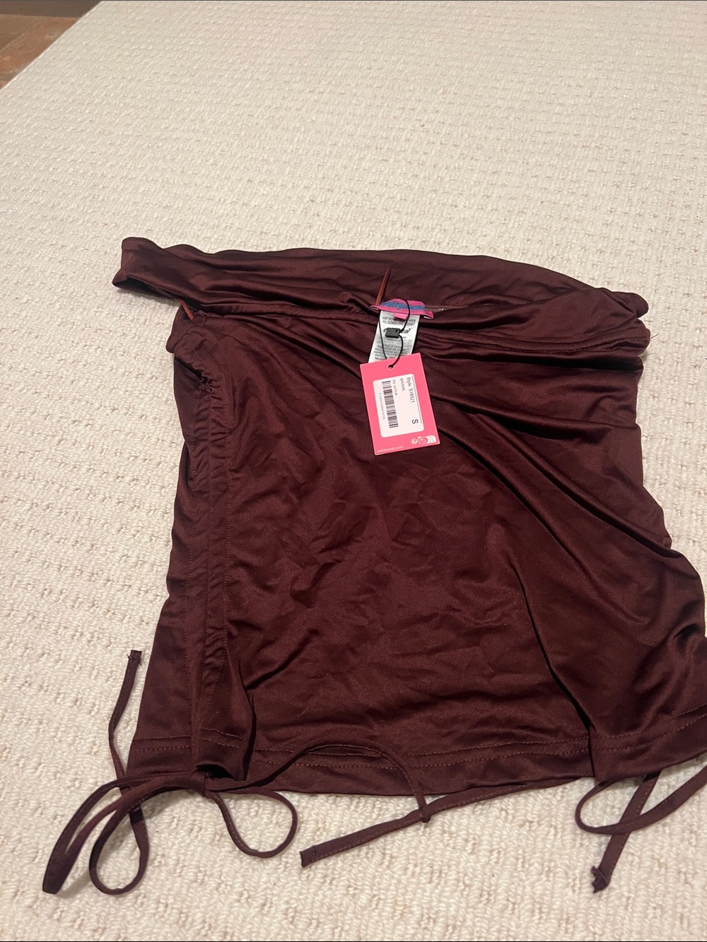 Edikted Strapless Ruched Side-Tie Top in Deep Burgundy